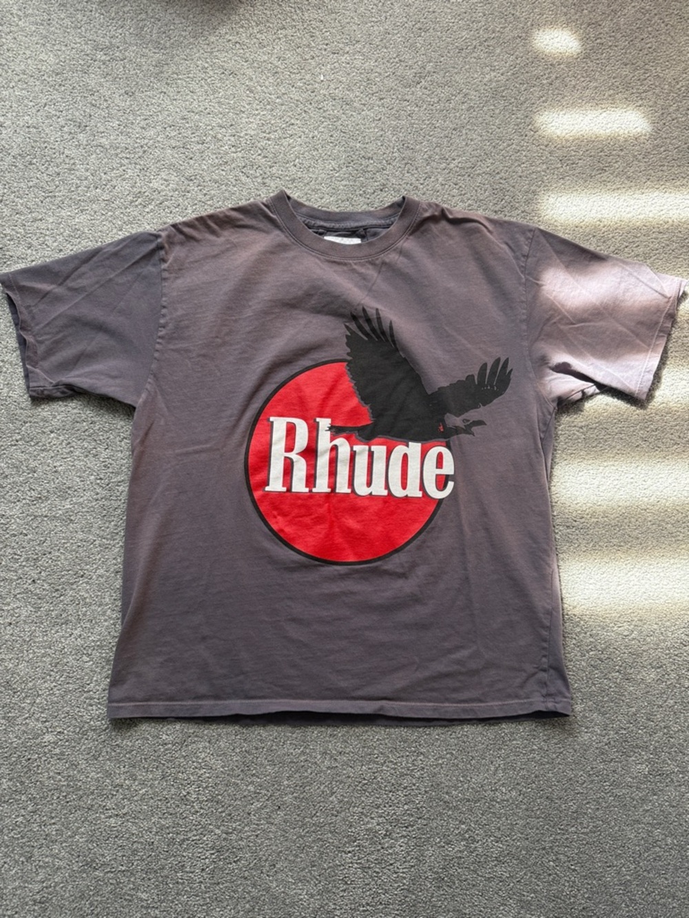 Rhude Gray Short-Sleeve Tee with Red Logo and Black Eagle